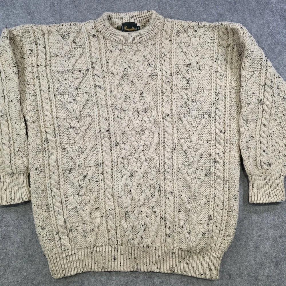 Brambles Sweater Mens Large White Wool Cable Knit Crewneck Pullover Heavyweight